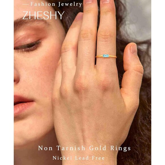 Women Blue/gold Non Tarnish Dainty 14k Gold Plated Baguette Emerald Stone Ring - Picture 2 of 7